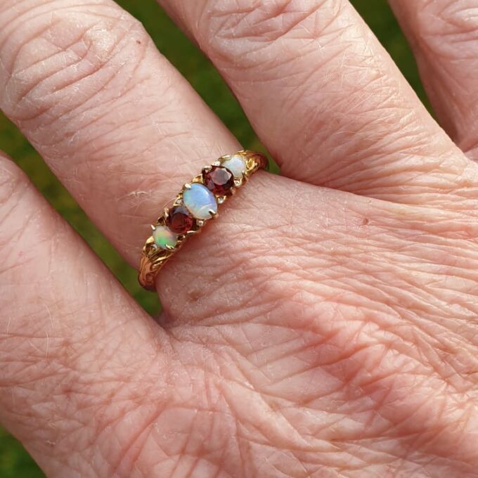 Opal And Garnet Ring In 18ct Gold Gems Afire Vintage Jewellery UK