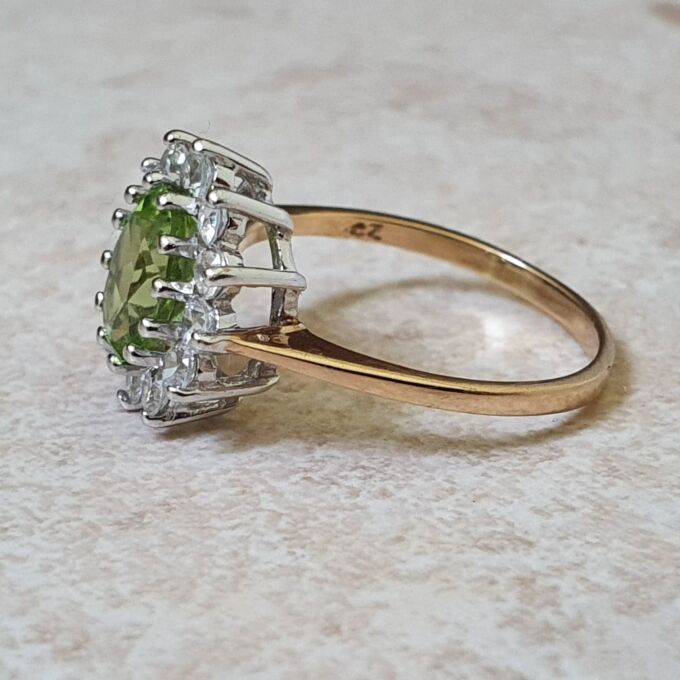 Peridot Green and White Cluster Ring in 9ct Gold.