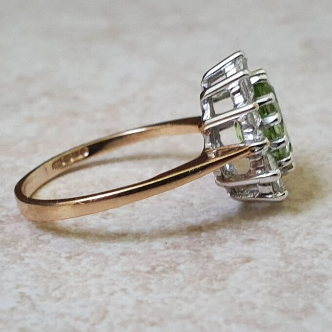 Peridot Green and White Cluster Ring in 9ct Gold.