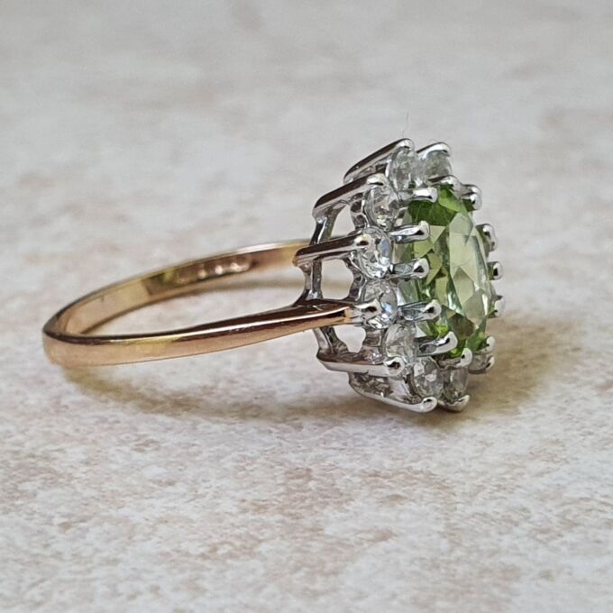 Peridot Green and White Cluster Ring in 9ct Gold.