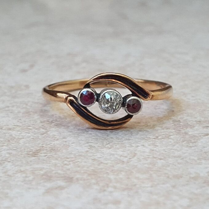 Ruby & Diamond Trilogy Crossover Bypass Ring in 18ct Gold.