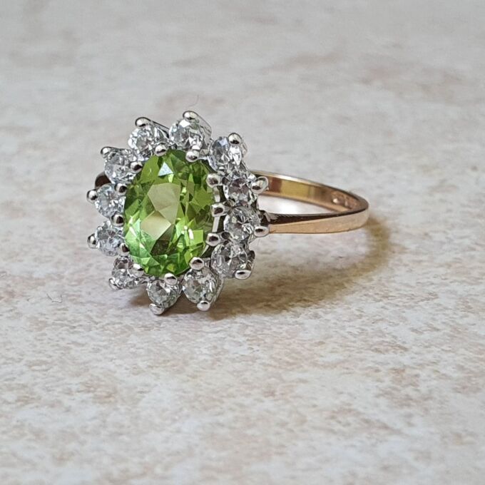 Peridot Green and White Cluster Ring in 9ct Gold.