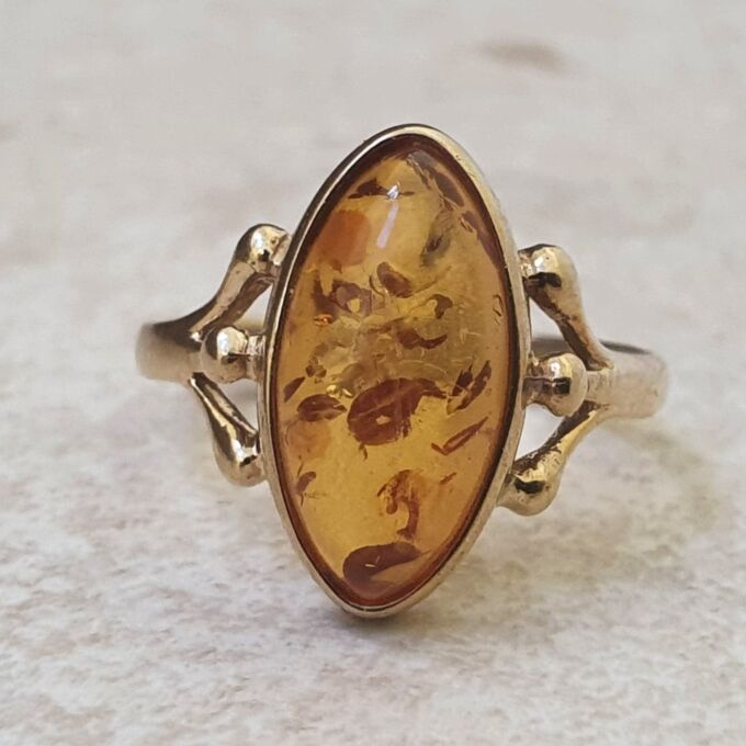 Marquise or Navette Amber Ring in 9ct Gold.