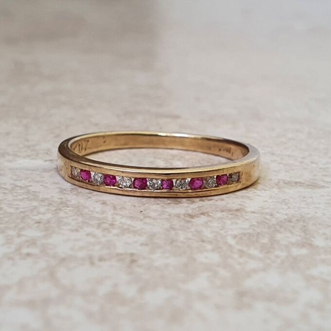 Channel Set Ruby and Diamond Narrow Band in 9ct Gold.