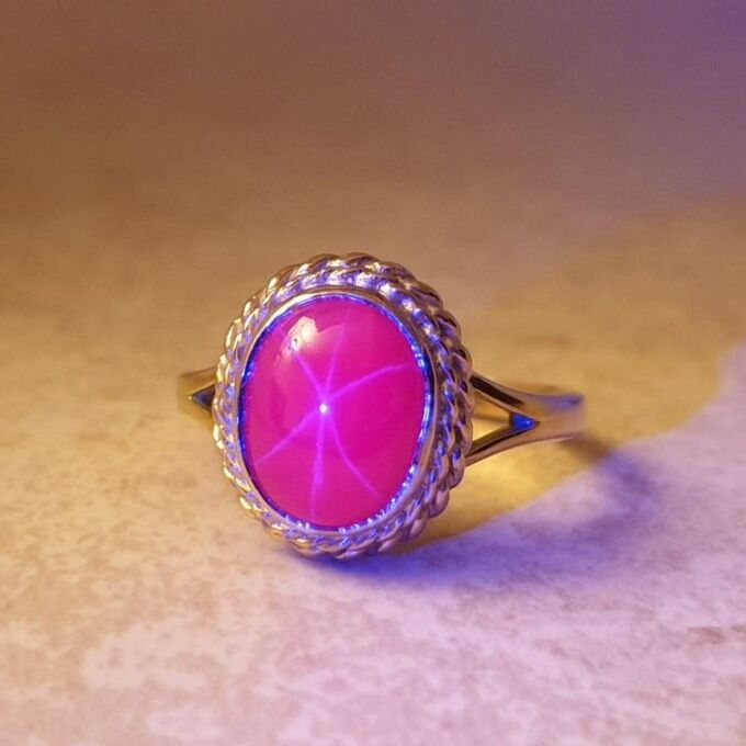 Synthetic Star Pink Ruby Ring in 9ct Gold.