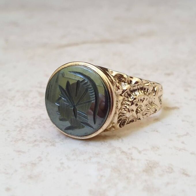 Hematite Intaglio Centurion Signet Ring in 9ct Gold.