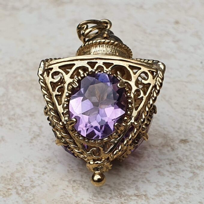 Large Three Sided Amethyst Lantern Pendant in 9ct Gold.