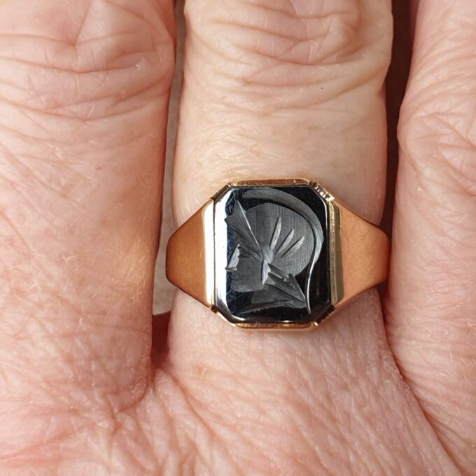 Hematite Centurion Intaglio Signet Ring in 9ct Gold,  a UK O 1/2 or a US 7 3/4.
