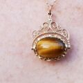 Tigers Eye and Agate Ornate Spinner Fob Pendant in 9ct Gold