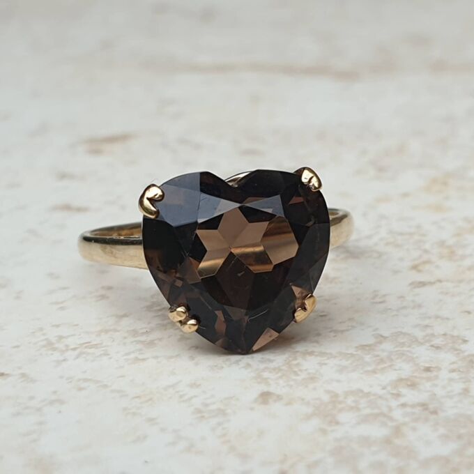 Romantic Heart Cut Smoky Quartz Ring in 9ct Gold, a UK P 1/2 or a US 8 1/4.