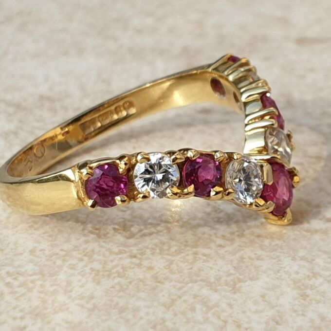 Ruby and Diamond Chevron Ring in 18ct Gold,  a UK M 1/2 or a US 6 3/4.