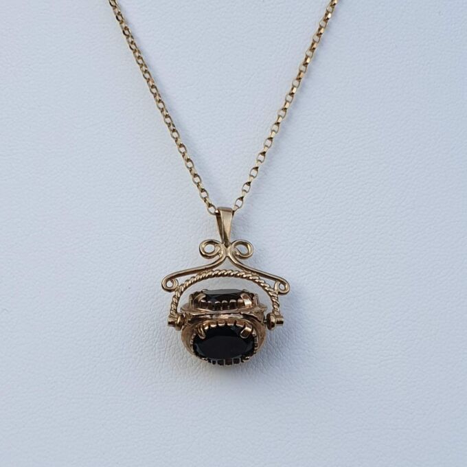 Three Stone Smoky Quartz Spinner Fob Pendant in 9ct Gold