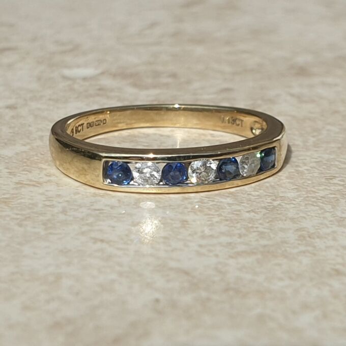 Channel Set Sapphire and Diamond Ring in 9ct Gold, a UK L 1/2 or a US 6 1/4