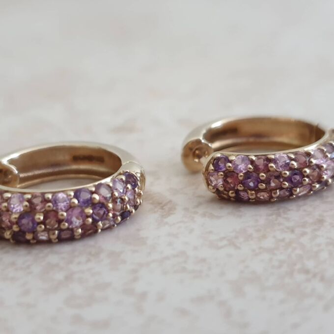 Tri Colour Gemset Huggie Hoop Earrings in 9ct Gold