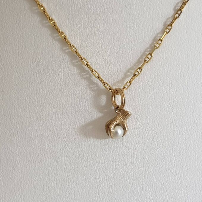 Tiny Faux Pearl Eagle Claw Pendant Charm in 9ct Gold