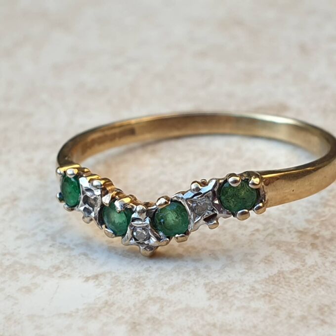 Emerald and Diamond Chevron or Wishbone Ring in 9ct Gold, a UK M or a US 6 1/2