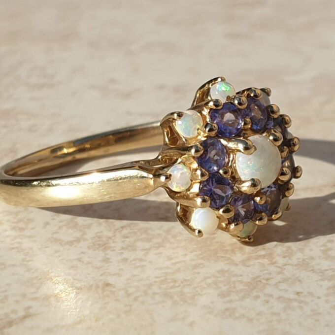 Opal and Tanzanite Cluster Ring in 9ct Gold,  a UK T 1/2 or a US 10.