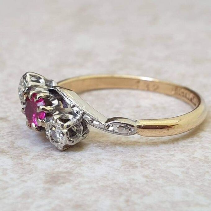 Ruby & Diamond Crossover Ring in 18ct Gold and Platinum.