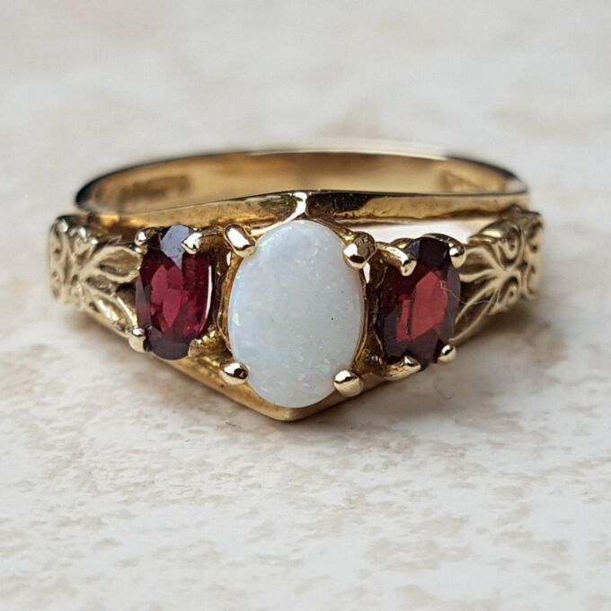 Sale – Ornate Opal and Garnet 9ct Gold Ring, a UK L 1/2 or a US 6 1/4.