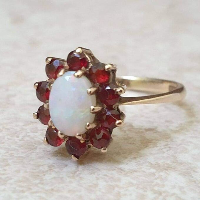 Opal and Garnet Cluster Ring in 9ct Gold.