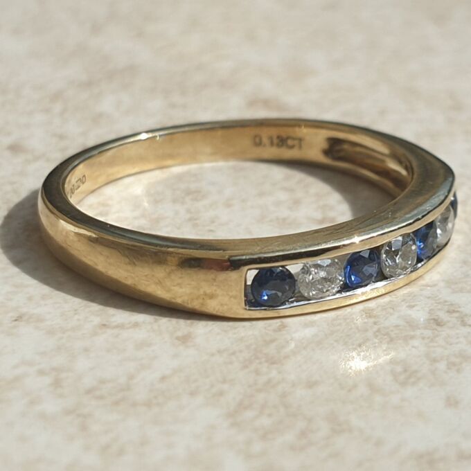 Channel Set Sapphire and Diamond Ring in 9ct Gold, a UK L 1/2 or a US 6 1/4