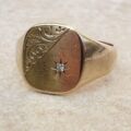 Diamond Accent Engraved Signet Ring in 9ct Gold,  a UK R 1/2 or a US 9 1/4.