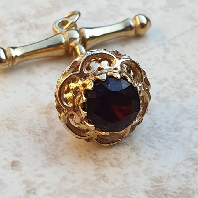 Albert or T Bar Fob Pendant with Garnet Chatm in 9ct Gold
