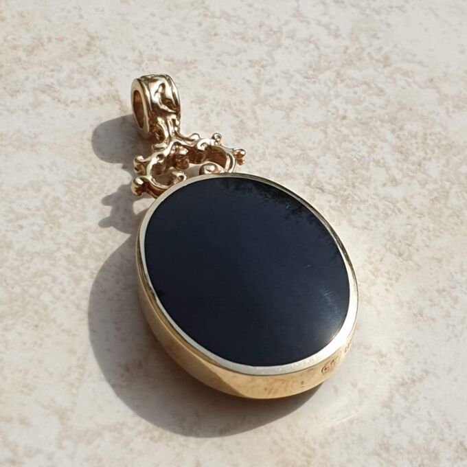 Double Sided Reversible Malachite & Jet Pendant by CWS in 9ct Gold