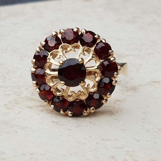 Bold Garnet Halo Cluster Ring in 9ct Gold, a UK N or a US 7.