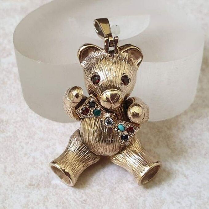 Heavy Articulated Teddy Bear with Dickie Bow in 9ct Gold