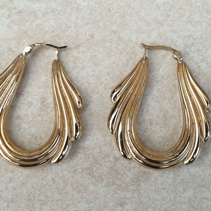 Oval Swag Design Drop Hoop Earrings in 9ct Gold