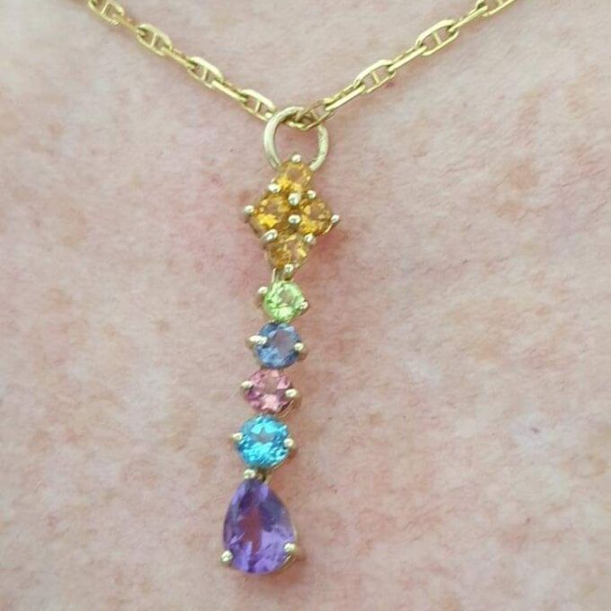 Reserved – Multi Stone Rainbow Drop Pendant in 9ct Gold