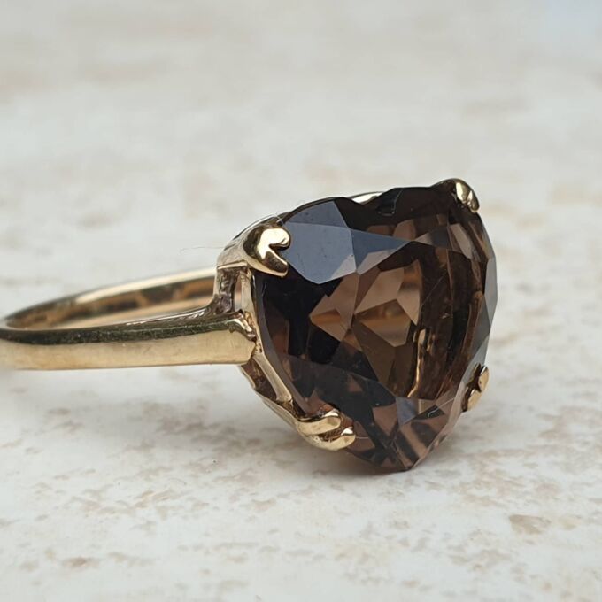 Romantic Heart Cut Smoky Quartz Ring in 9ct Gold, a UK P 1/2 or a US 8 1/4.
