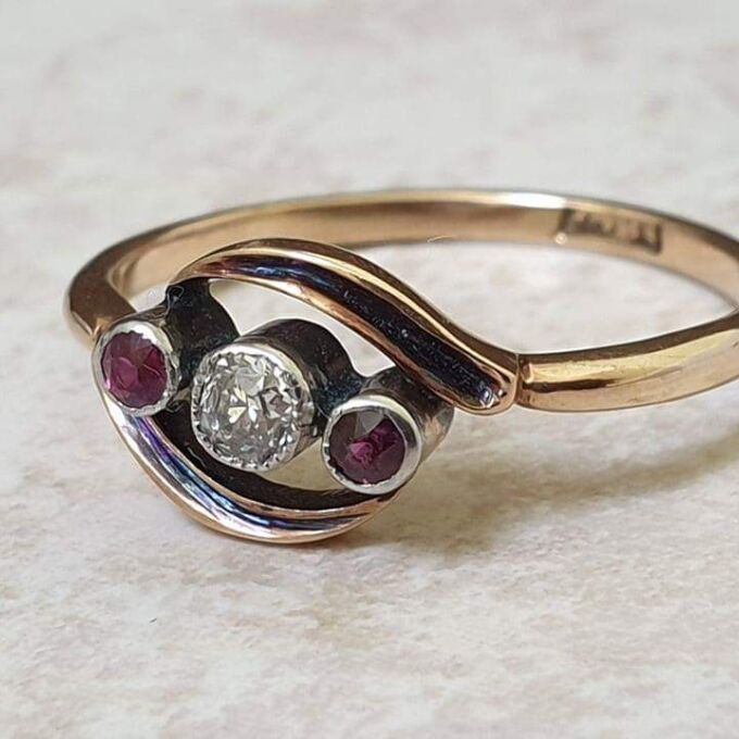 Ruby & Diamond Trilogy Crossover Bypass Ring in 18ct Gold.