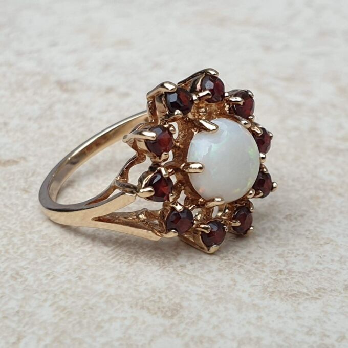 Opal And Garnet Halo Cluster Ring In 9ct Gold. - Gems Afire - Vintage 