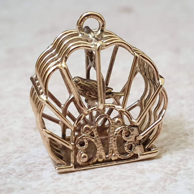 Bird in Birdcage Charm Pendant in 9ct Gold