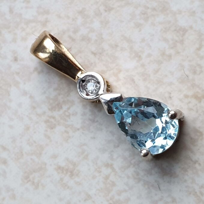 Pear Cut Aquamarine and Diamond Pendant in 9ct Gold