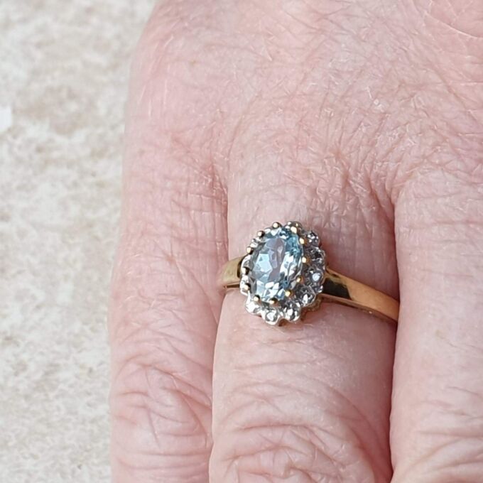 Aquamarine and Diamond Cluster Ring in 9ct Gold,  a UK M 1/2 or a US 6 3/4.