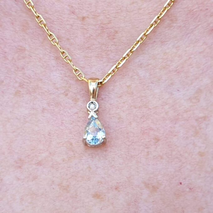 Pear Cut Aquamarine and Diamond Pendant in 9ct Gold