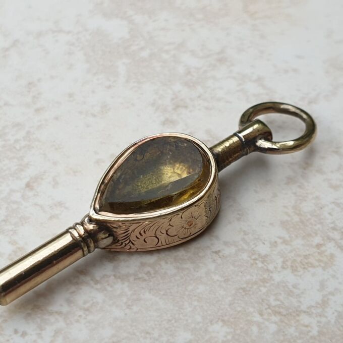 Gold Cased Watch Key with Citrine and Bloodstone