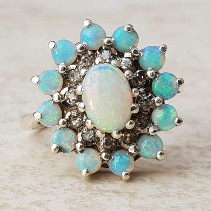 Opal and Diamond Halo Cluster Ring in 9ct Gold, a UK M or a US 6 1/2.