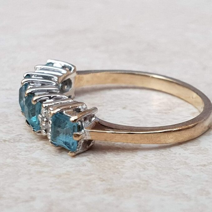 Bright Swiss Blue Topaz and Diamond Band in 9ct Gold, a UK J 1/2 or a US 5 1/4.