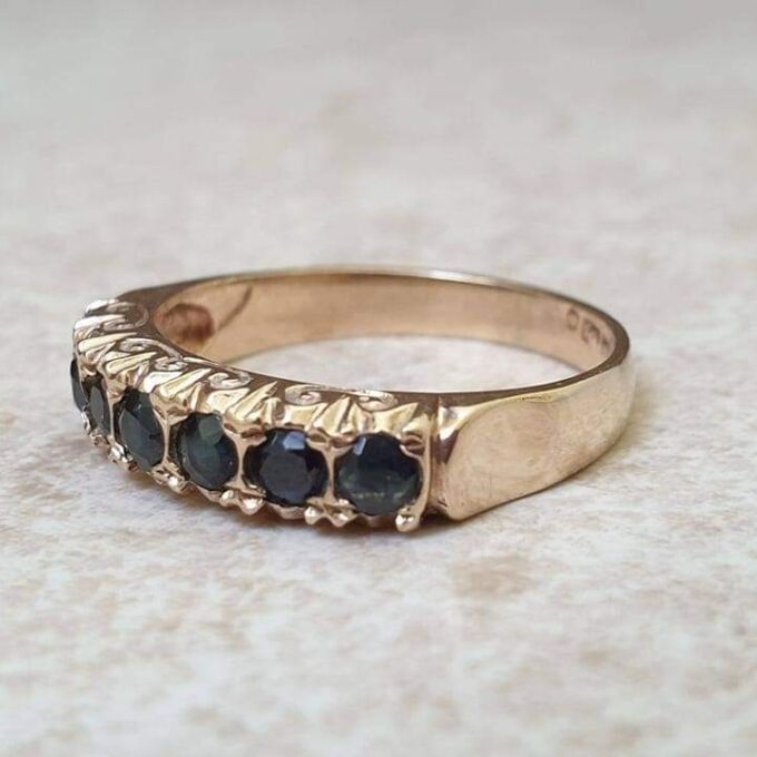 Seven Stone Dark Sapphire Band Ring in 9ct Gold