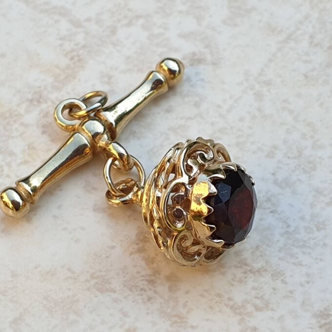 Albert or T Bar Fob Pendant with Garnet Chatm in 9ct Gold