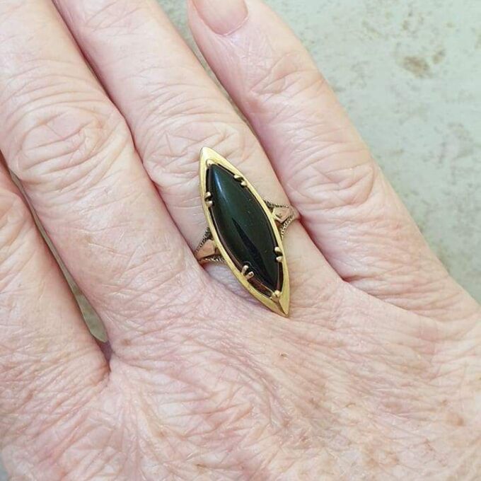 Marquise or Navette Whitby Jet Ring in 9ct Gold, a UK N or a US 7