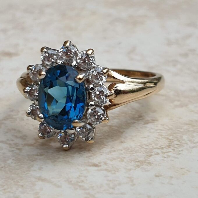 London Blue Topaz and Paste Cluster Ring in 9ct Gold,  a UK L 1/2 or a US 6 1/4.