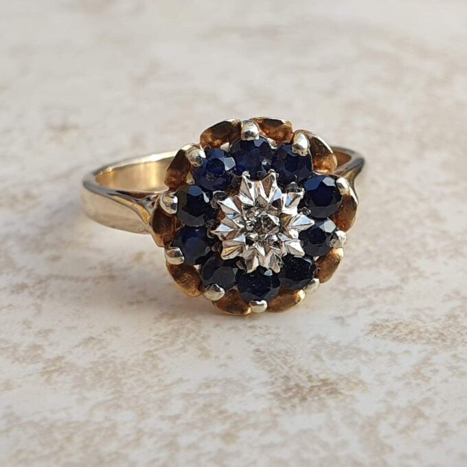 Sapphire and Diamond Cluster Ring in 9ct Gold, a UK J 1/2 or a US 5 1/4