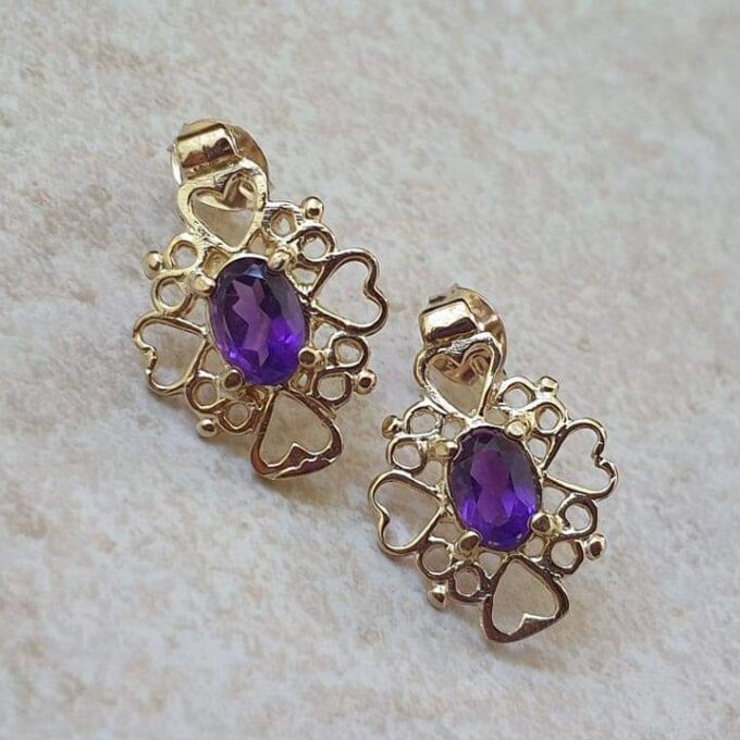 Amethyst Heart Detail Earrings in 9ct Gold