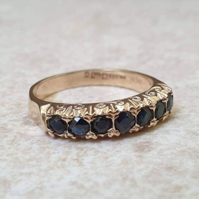 Seven Stone Dark Sapphire Band Ring in 9ct Gold