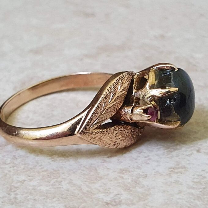Black Synthetic Sapphire Ring with Ruby in 9ct Gold.